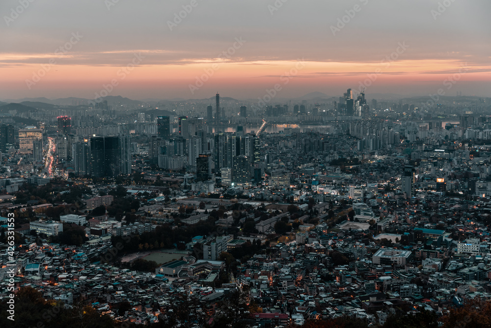 Sunset view Seoul city skyline, South Korea.