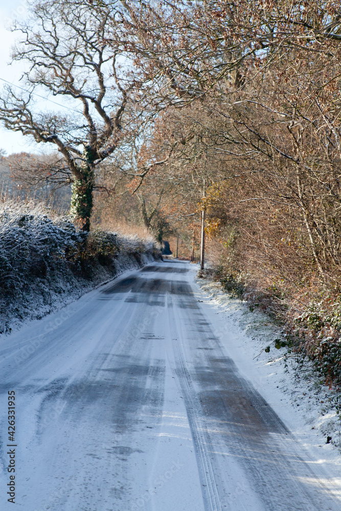 a country lane in the snow on a sunny day