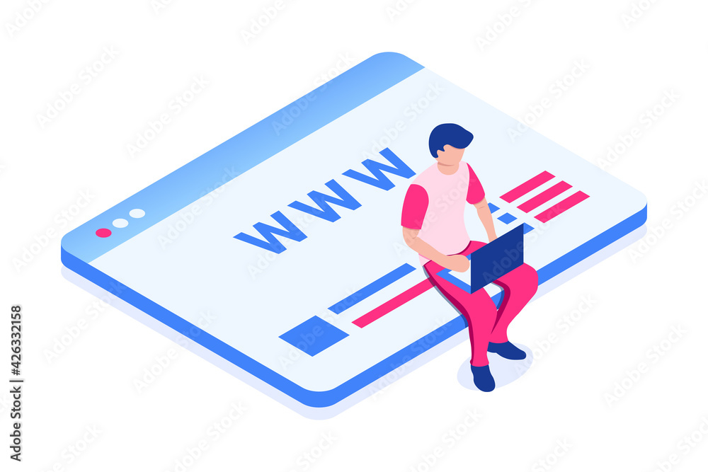 A man with a laptop is developing a website. Web design concept. Vector illustration in isometric style. Isolated over white background. A man with a laptop is developing a website. Web design concept. Vector illustration in isometric style. Isolated over white background.