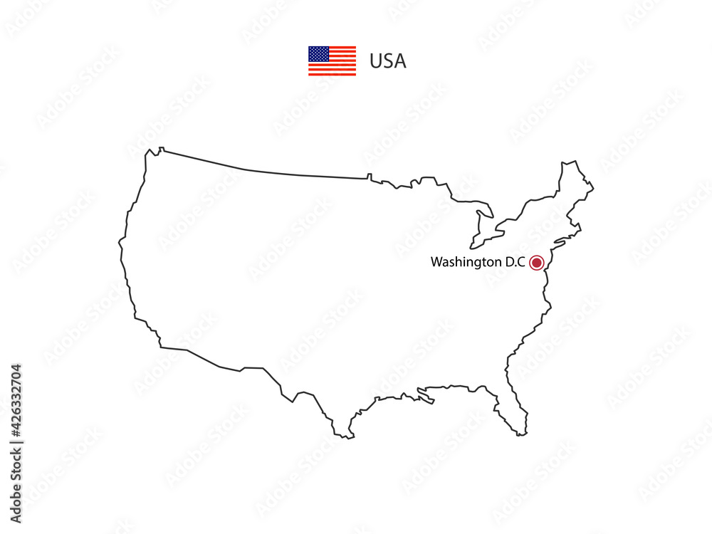 Hand draw thin black line vector of United States of America Map with capital city Washington D.C on white background.