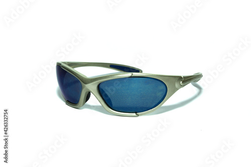 gray cycling goggles with blue goggles on white background