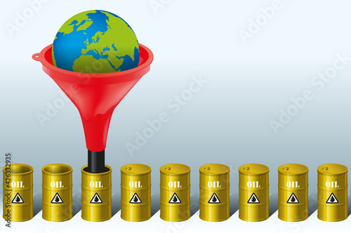 Concept de la production de barils de pétrole et de la protection de l’environnement face à l’enjeu du dérèglement climatique de la planète.