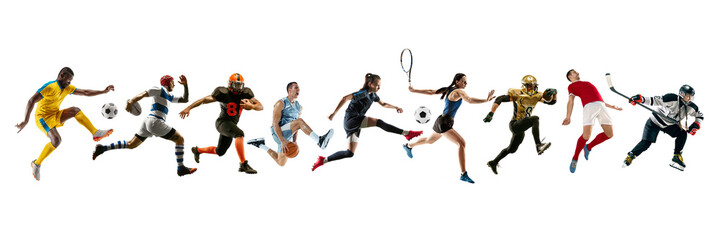 Collage of different professional sportsmen, fit people in action and motion isolated on white background. Flyer.
