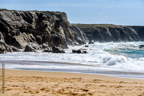 Wild rocky ocean coast in France. Sea landscape.