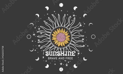 Moon circle and sun shine,  brave and free artwork, stars vector artwork design for apparel and others .