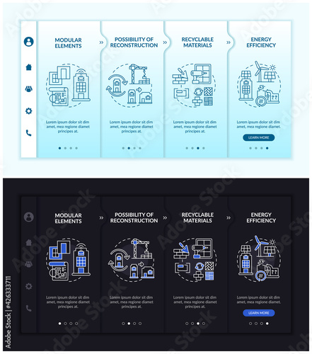 Future worksite building onboarding vector template. Responsive mobile website with icons. Web page walkthrough 4 step screens. Modular elements night and day mode concept with linear illustrations