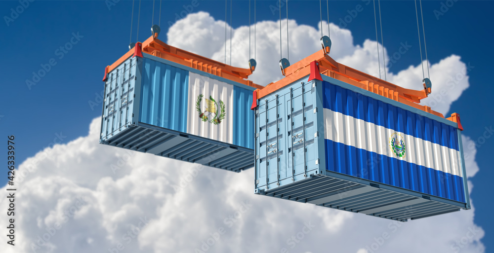 Freight containers with Guatemala and El Salvador flag. 3D Rendering 