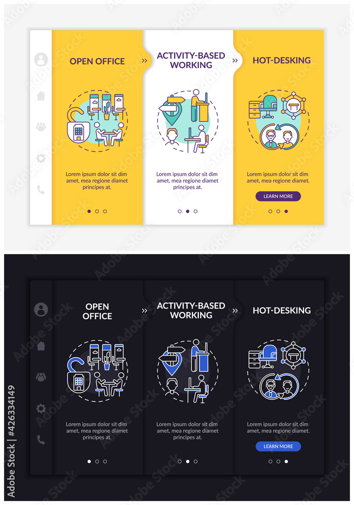 Smart office environs onboarding vector template. Responsive mobile website with icons. Web page walkthrough 3 step screens. Activity-based working night and day mode concept with linear illustrations