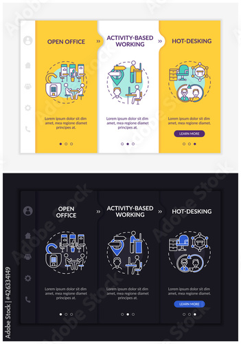Smart office environs onboarding vector template. Responsive mobile website with icons. Web page walkthrough 3 step screens. Activity-based working night and day mode concept with linear illustrations
