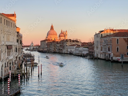 View of the Grand Canal and Basilica Santa Maria della Salute from the Ponte dell'Accademia in Venice, Italy