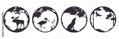 Fairy forest with wild animals -- graphic vector illustration.. Landscapes with elk, heron and wolf. Nature in a frame of trees. Three vector illustrations.