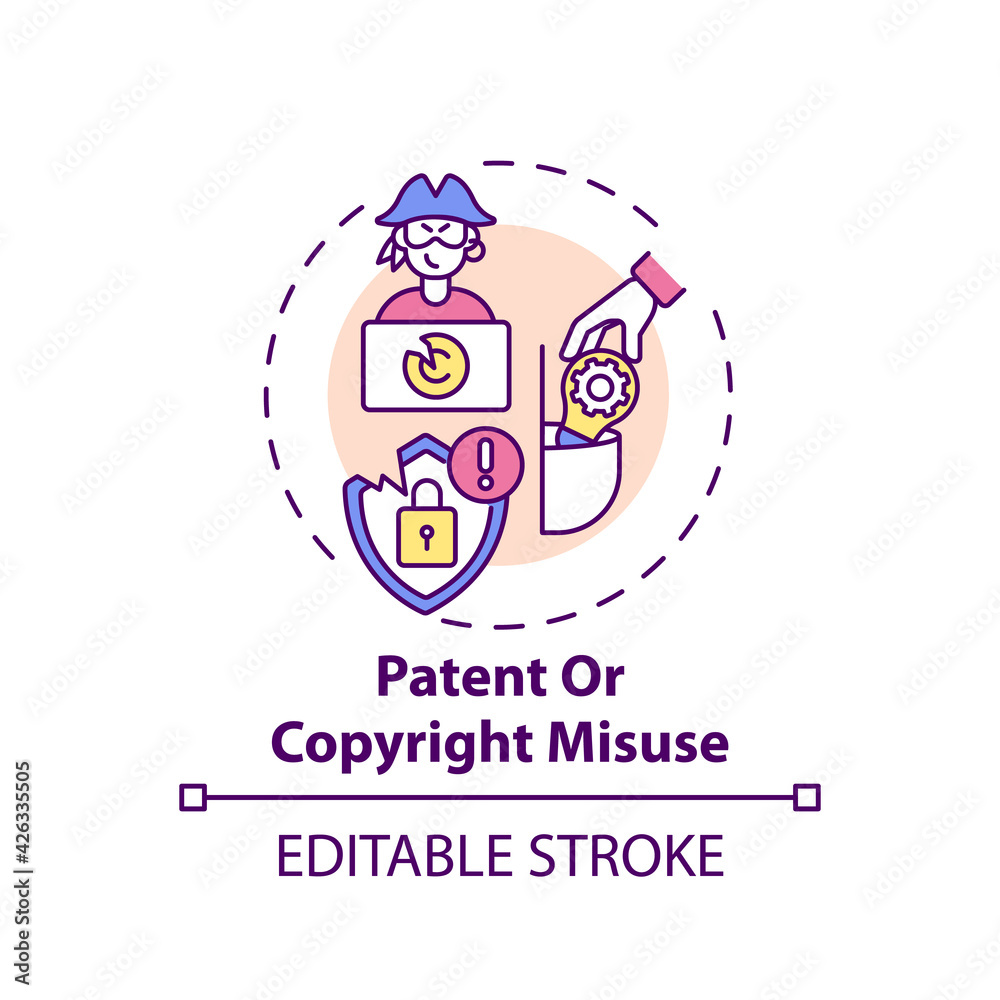 Patent and copyright misuse concept icon. Anti-competitive practice idea thin line illustration. Market advantage. Antitrust laws violation. Vector isolated outline RGB color drawing. Editable stroke Patent and copyright misuse concept icon. Anti-competitive practice idea thin line illustration. Market advantage. Antitrust laws violation. Vector isolated outline RGB color drawing. Editable stroke