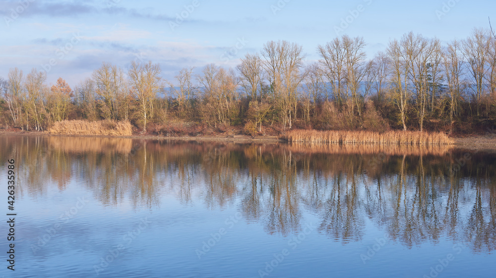 Fototapeta premium Seenlandschaft in spätherbstliche Pastellfarben