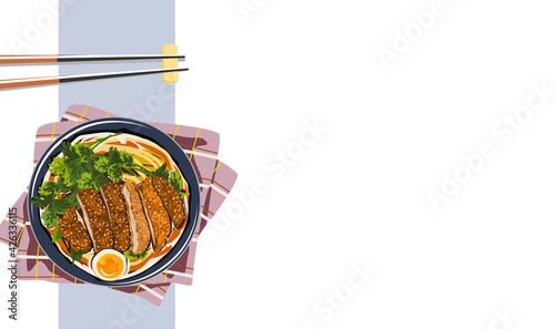 Isolated Noodles with Tonkatsu and egg. A bowl of Japanese ramen and chopsticks. Realistic vector illustration on white background. 