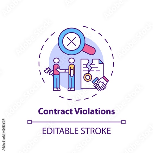 Contract violations concept icon. Consumer rights violation claim idea thin line illustration. Unfair trade practices. Contract breach. Vector isolated outline RGB color drawing. Editable stroke
