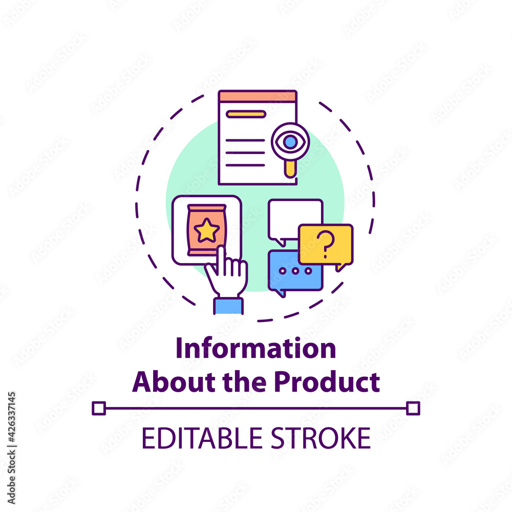 Information about product concept icon. Consumer right idea thin line illustration. Getting information about goods quality, price, standard. Vector isolated outline RGB color drawing. Editable stroke