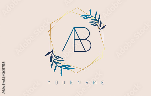 Letters AB a b Logo with golden polygon frames and gradient blue leaves design.