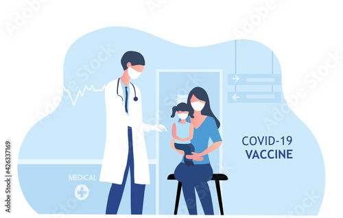 Doctor giving vaccine Covid-19 to child. Vaccination and prevention against covid-19 coronavirus disease pandemic vector illustration