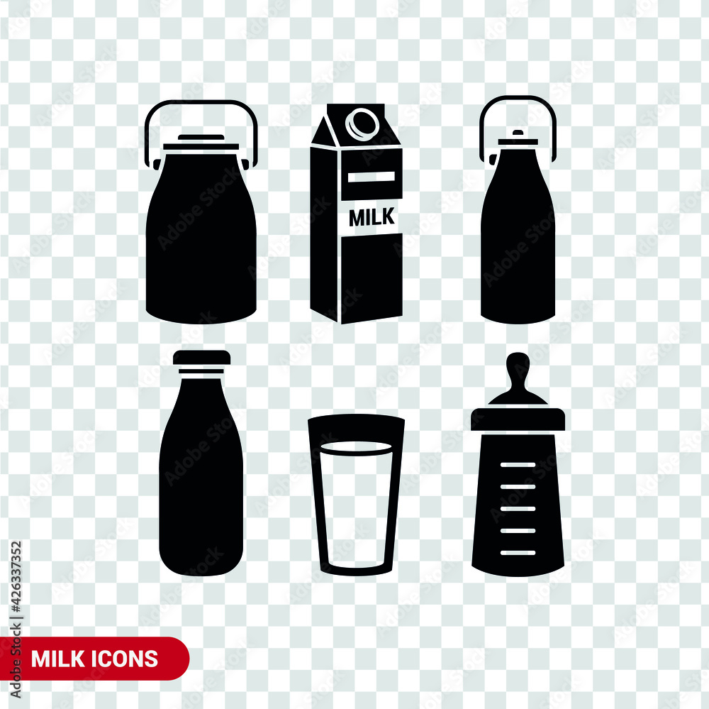 Milk bottles icons collection. Flat icons. Milk bottles icons collection. Flat icons.