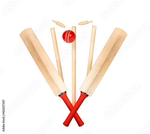 Photography cricket bat, stumps, bails, red ball and white ball isolated on white background