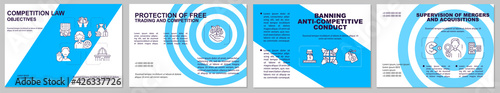 Competition law objectives brochure template. Anti competitive. Flyer, booklet, leaflet print, cover design with linear icons. Vector layouts for presentation, annual reports, advertisement pages