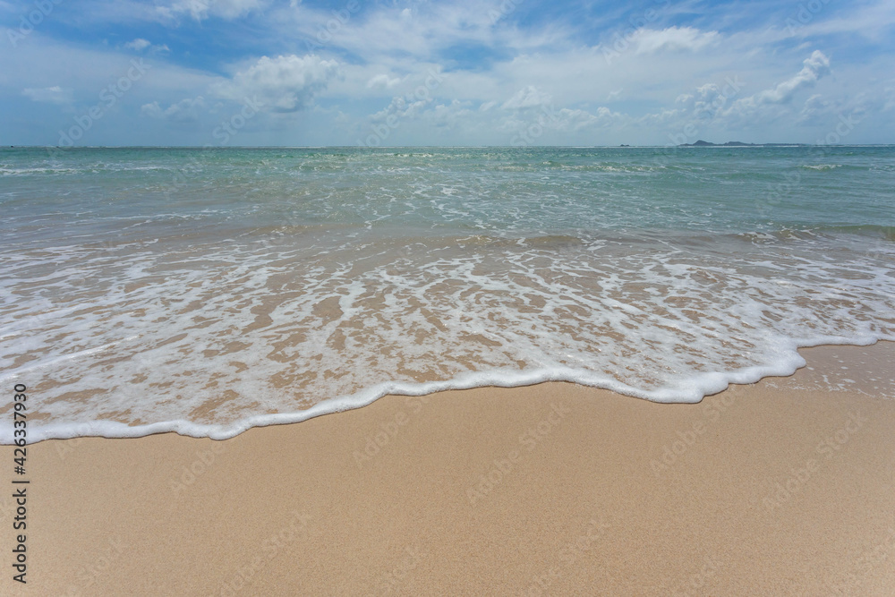 Sea view from tropical beach with sunny sky. Summer paradise beach of Koh Samui island. Tropical shore. Tropical sea in Thailand.