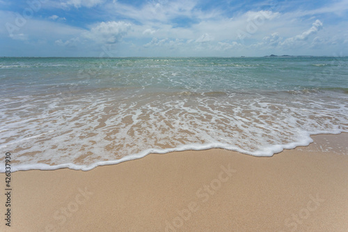 Sea view from tropical beach with sunny sky. Summer paradise beach of Koh Samui island. Tropical shore. Tropical sea in Thailand.