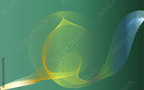 Vector abstract green background with golden curly lines, circles. Web site page design 