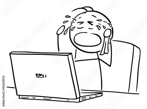 Man or Businessman Crying When Working on Computer in Office, Vector Cartoon Stick Figure Illustration