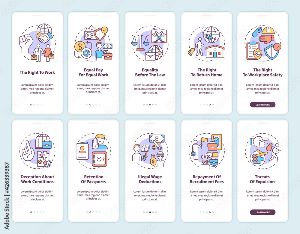 Migrant workers rights onboarding mobile app page screen with concepts set. Immigration walkthrough 5 steps graphic instructions. UI, UX, GUI vector template with linear color illustrations