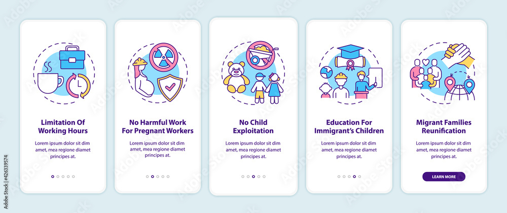 Migrant workers rights onboarding mobile app page screen with concepts. Immigrants walkthrough 5 steps graphic instructions. UI, UX, GUI vector template with linear color illustrations