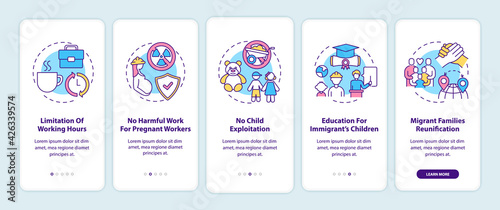 Migrant workers rights onboarding mobile app page screen with concepts. Immigrants walkthrough 5 steps graphic instructions. UI, UX, GUI vector template with linear color illustrations