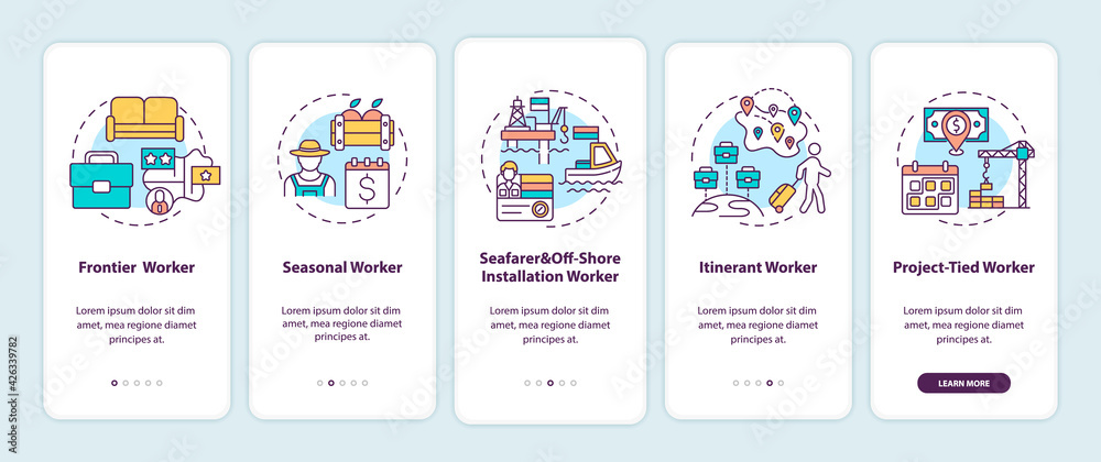 Migrant workers types onboarding mobile app page screen with concepts. Immigrants walkthrough 5 steps graphic instructions. UI, UX, GUI vector template with linear color illustrations