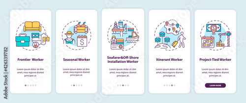 Migrant workers types onboarding mobile app page screen with concepts. Immigrants walkthrough 5 steps graphic instructions. UI, UX, GUI vector template with linear color illustrations