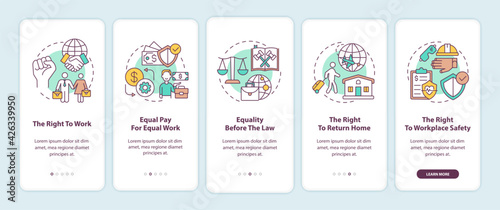Migrant workers rights onboarding mobile app page screen with concepts. Immigrant walkthrough 5 steps graphic instructions. UI, UX, GUI vector template with linear color illustrations