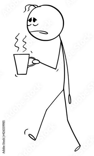 Tired or Overworked Man or Office Worker With Cup of Coffee or Tea, Vector Cartoon Stick Figure Illustration