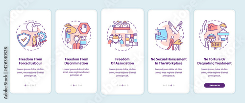Migrant workers freedoms onboarding mobile app page screen with concepts. Immigrant rights walkthrough 5 steps graphic instructions. UI, UX, GUI vector template with linear color illustrations