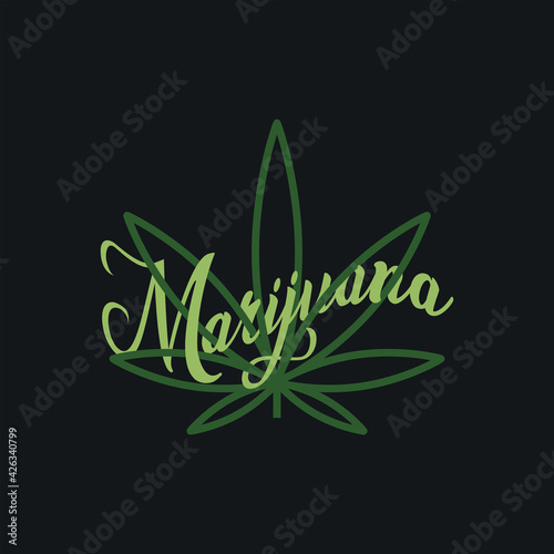 Marijuana lettering logo with cannabis leaf icon isolated on dark background. Cannabis symbol modern, simple, vector, icon for website design, mobile app, ui. Vector Illustration