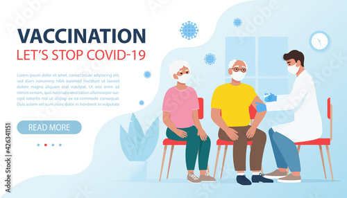 Vaccination against coronavirus. Doctor making Injection to elderly people. Let's stop Covid-19 concept. Vector illustration in flat style, template for banner, web page