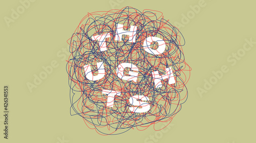Hand drawn chaotic lines with the word Thoughts inside. Psychological conceptual illustration. Layered file.