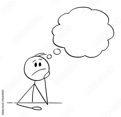 Man or Businessman Sitting Behind Desk Thinking for Question Answer, Vector Cartoon Stick Figure Illustration