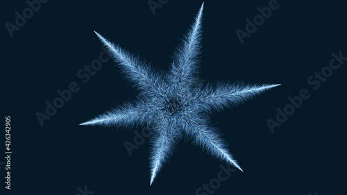 Particle snowflake on dark green background. Image generated by computer program