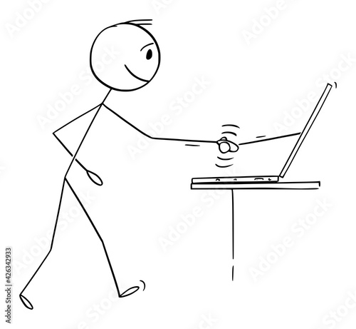 Man or Businessman Shaking Hand Online, Business Agreement Signed on Internet, Vector Cartoon Stick Figure Illustration