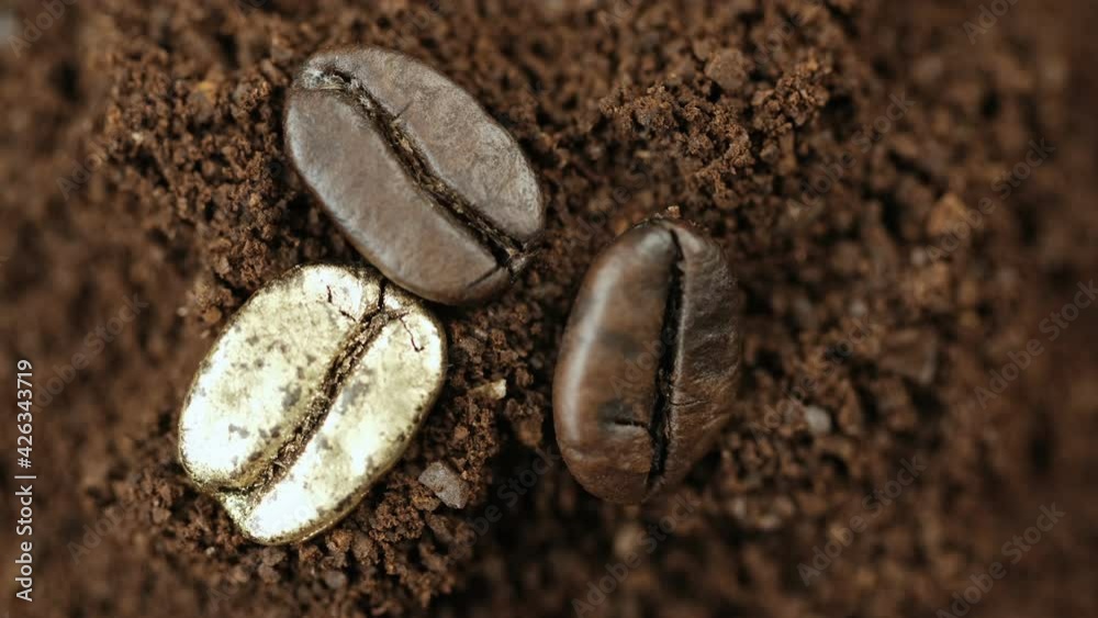 Coffee beans. Two roasted coffee beans lie on the ground coffee and slowly rotate. 4K Coffee beans. Two roasted coffee beans lie on the ground coffee and slowly rotate. 4K