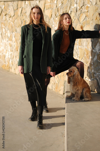 Two girls and english cocker spaniel dog.Portrait of dog outside (outdoors). Sunny day.