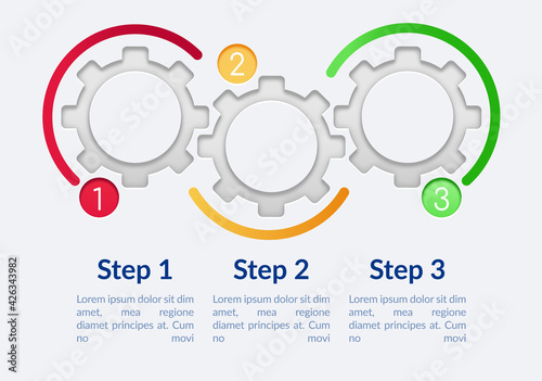 Empty circle gears vector infographic template. Bright presentation design elements with text space. Data visualization with 3 steps. Process timeline chart. Workflow layout with copyspace