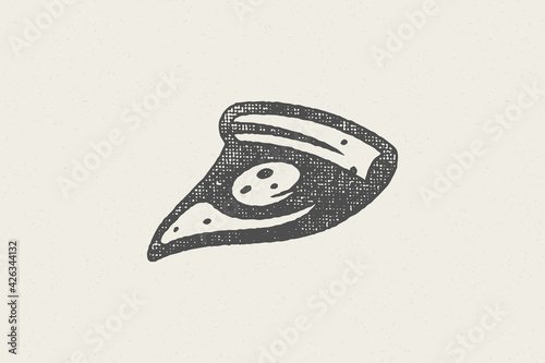 Slice of pizza silhouette with tomato and cheese hand drawn stamp effect vector illustration.