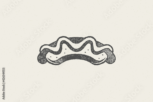 Hot dog sandwich with mustard silhouette for menu or package hand drawn stamp effect vector illustration.