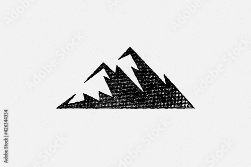 Silhouette mountain range and ravine as symbol of nature exploration hand drawn stamp effect vector illustration