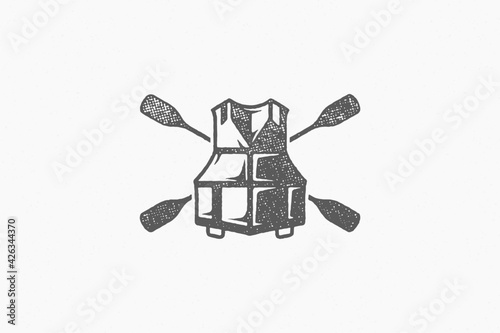 Silhouette of paddles crossed behind life vest as logo of boating hand drawn stamp effect vector illustration.